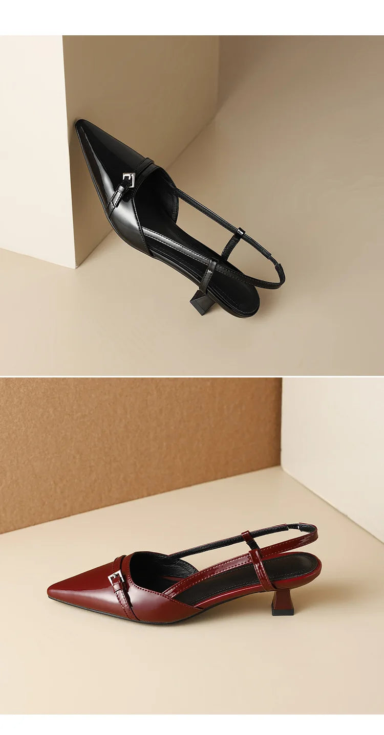 2024 New Summer Women's Dress Shoes Patent Leather Slip on Pointed Toe Sandals Buckle Slingbacks Mid Heels Pumps Sandalias Mujer - Clikcy