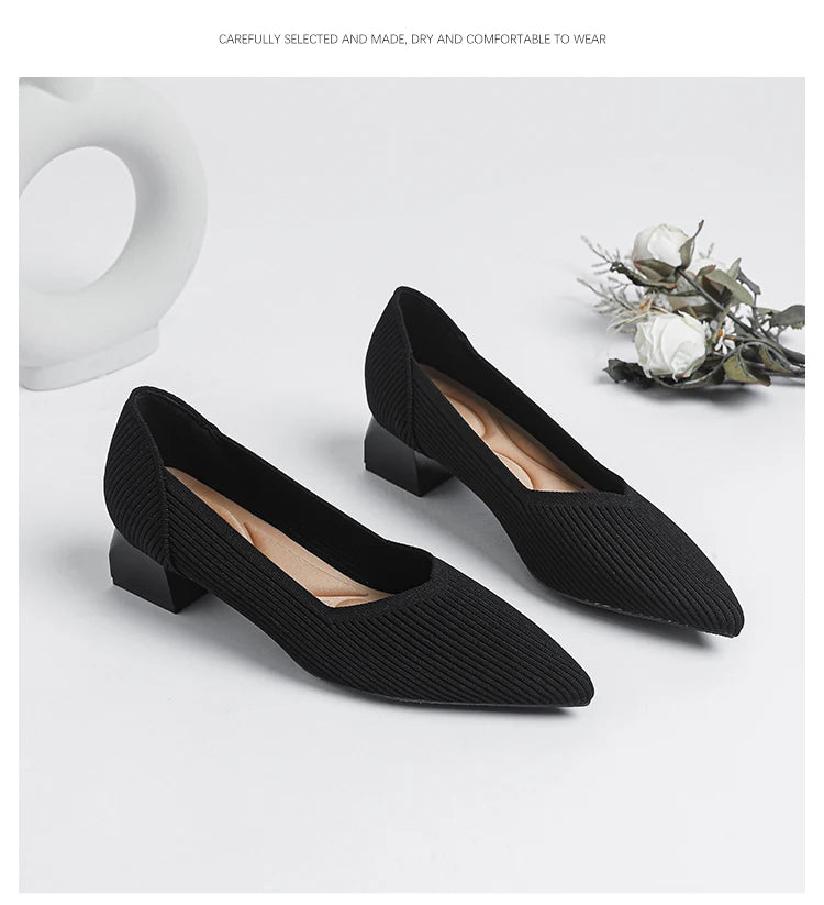 Women's large high-heeled shoes Multicolor pointy knit breathable comfortable anti-skid rubber sole work shoes 2023 new autumn