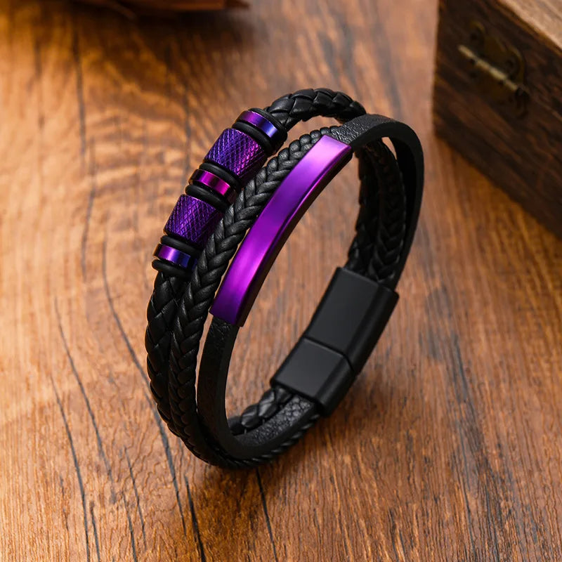 Chunky Leather Bracelets for Men Boys,Multi-layer Bracelets with Stainless Steel Bend Tag,Casual Jewelry Gift to Father Husband - Clikcy