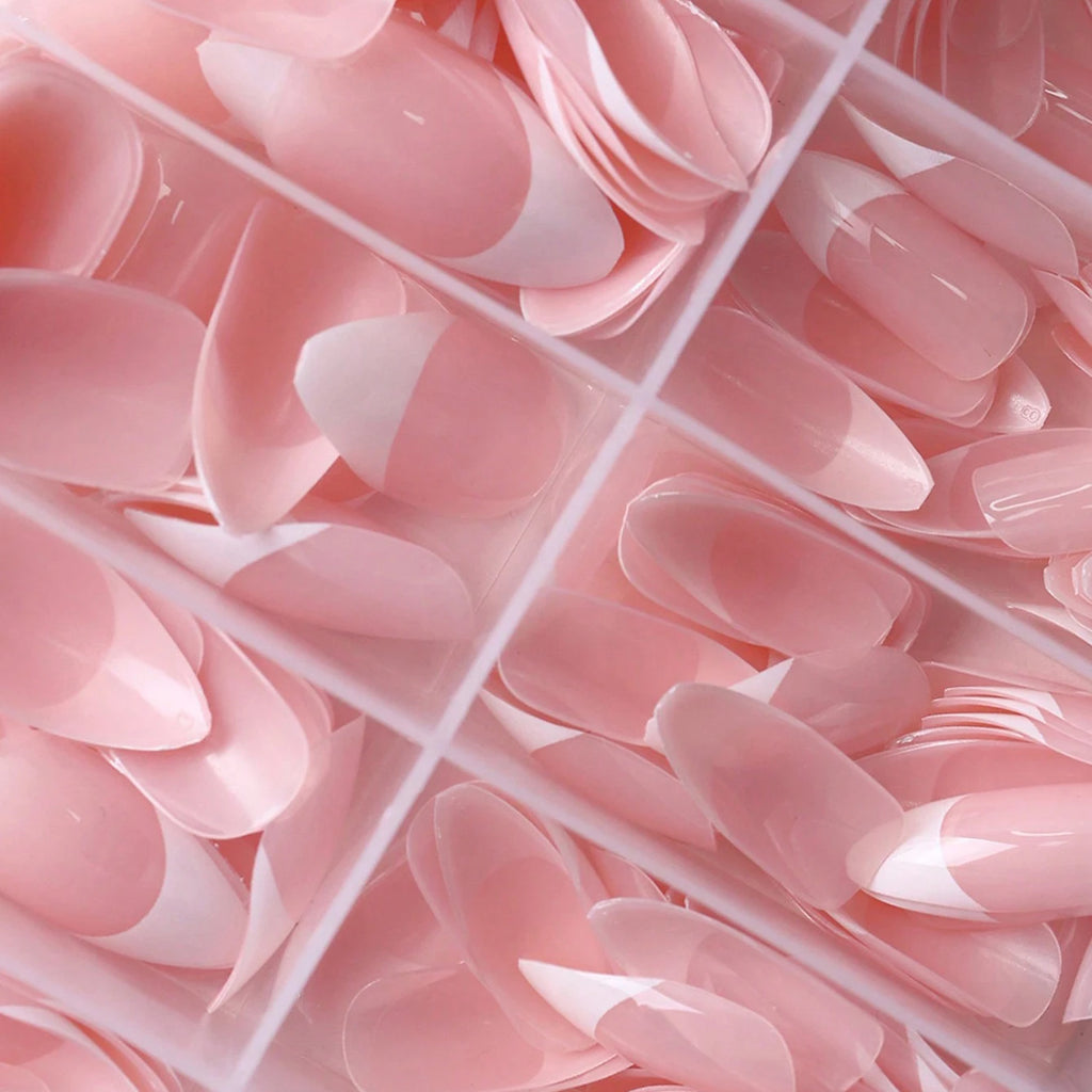 360Pcs/box French Nail Tips Glossy Soft Gel Pink Medium Almond White Simple Press On Nails 10Grids Huge Capacity False Nails - Clikcy
