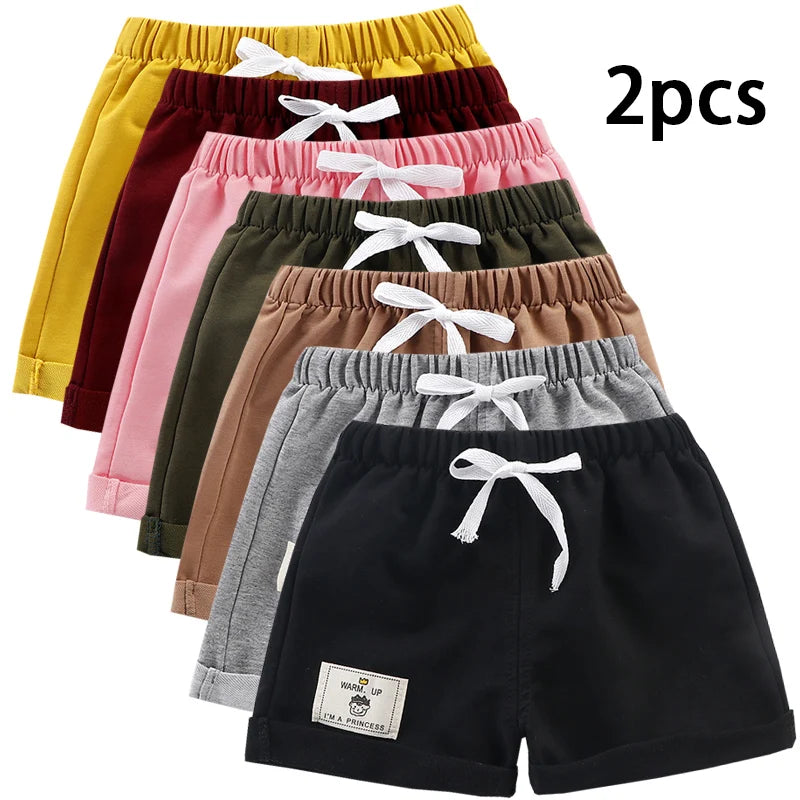 2pcs Cotton Summer Kids Shorts Boys Girls Solid Color Short Baby Cartoon Casual Pant Children Short Pant Sport Clothing Outwear - Clikcy