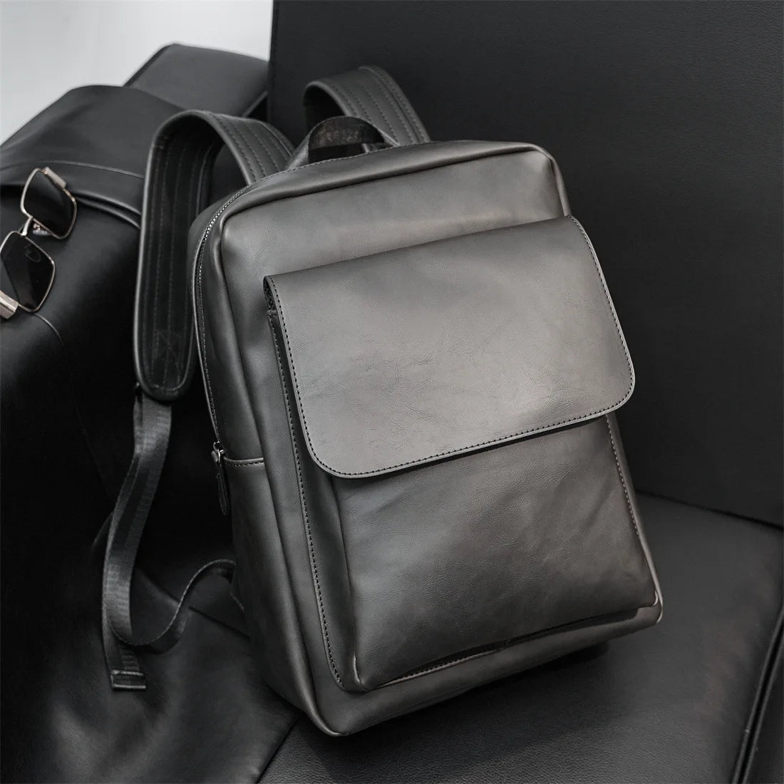 Retro Fashion Laptop Backpack Men Korean Style Flap Men's Backpacks High Quality PU Leather Travel Back Bag Student Schoolbags - Clikcy