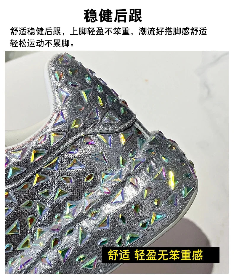 2025 Autumn Leather Women Shoes New Style Fashion Platform Shoes Ins Platforms Sneakers Tide Shine Bling Rhinestone Shoes - Clikcy