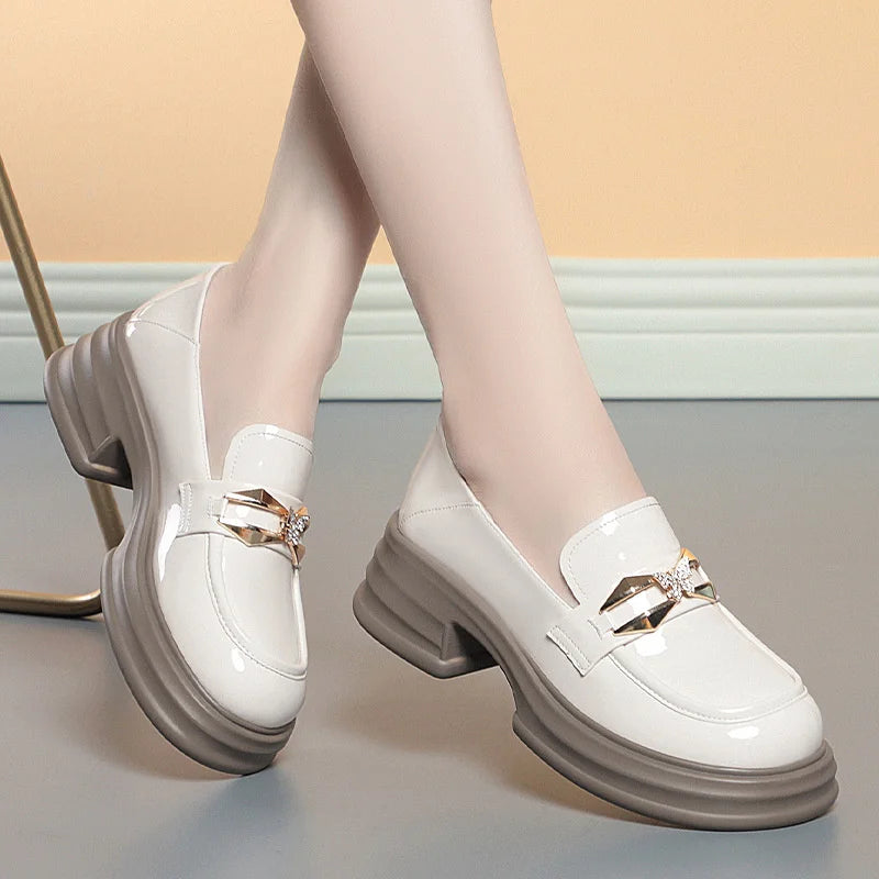 Platform Loafers New Women's Shoes Soft Leather Thick Heels British Small Round Toe Metal Decoration White Leather Shoes - Clikcy