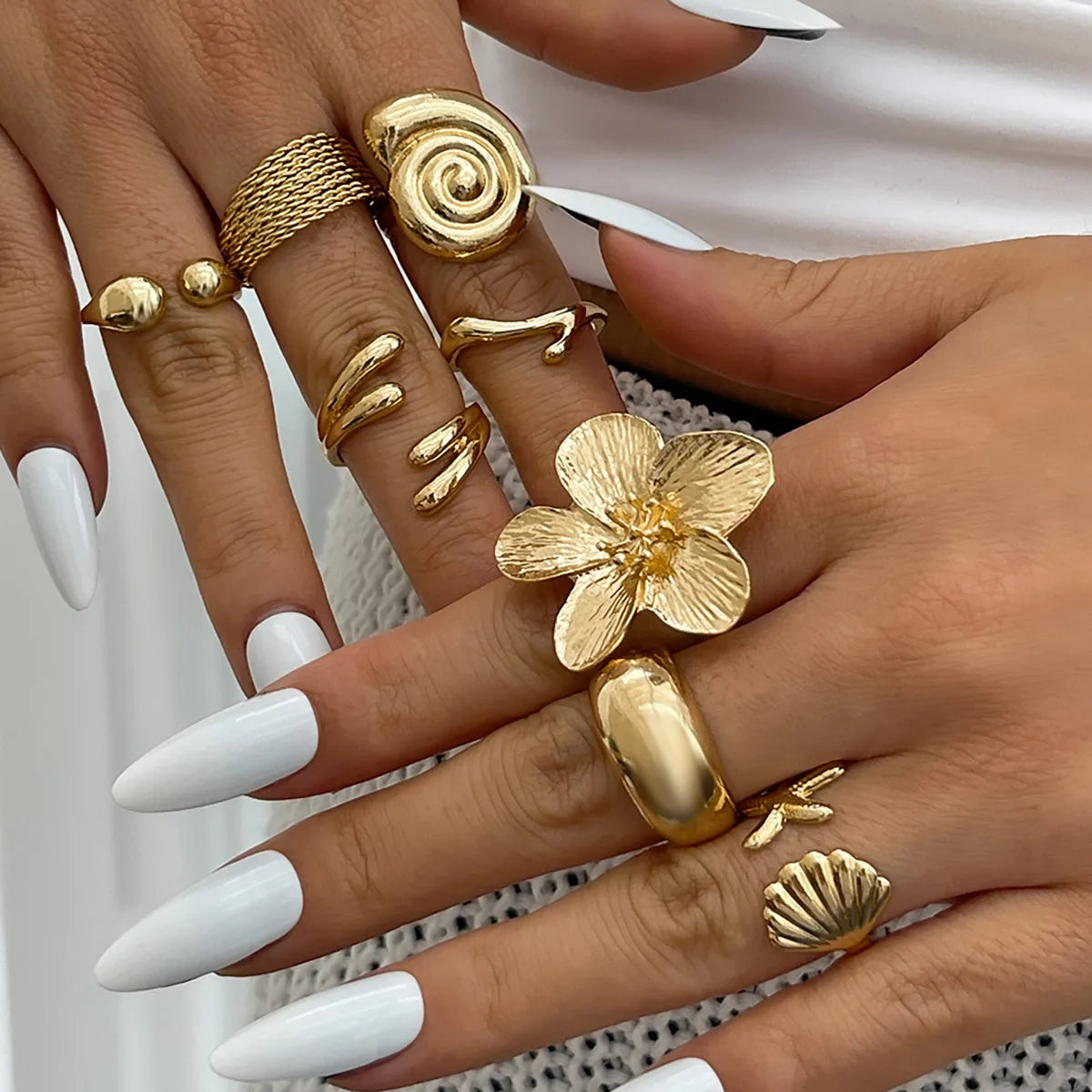 DIEZI One Set Vacation Beach Style Flower Starfish Knuckle Rings For Women Bohemian Vintage Gold Silver Color Open Joint Ring - Clikcy