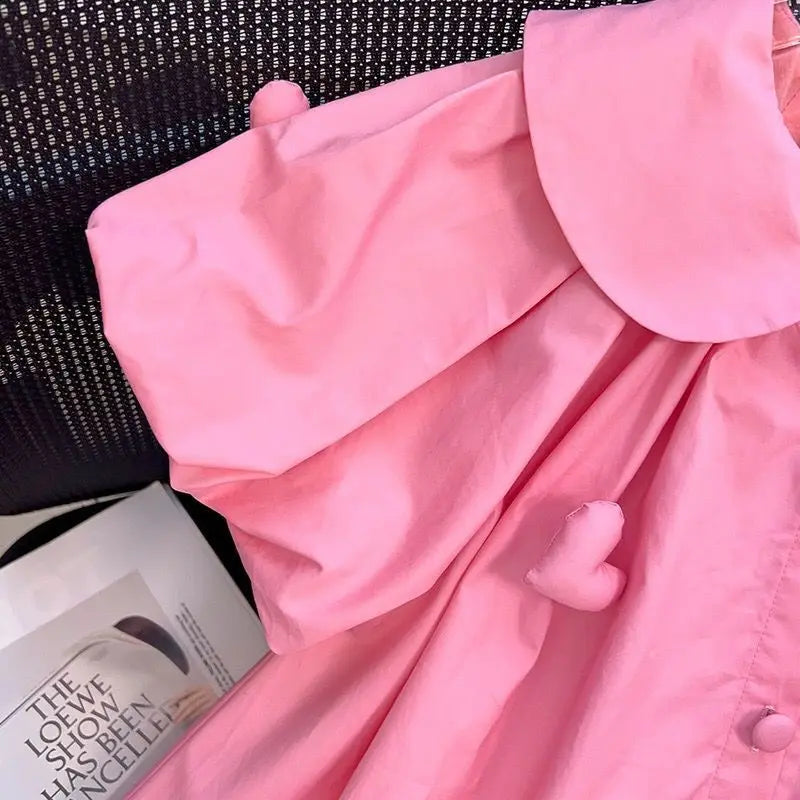 2-12Y Girls Summer Dress Small Lapel Single Breasted Design Cute Princess Dress Children Girls 3D Love Decal Bubble Sleeve Dress - Clikcy