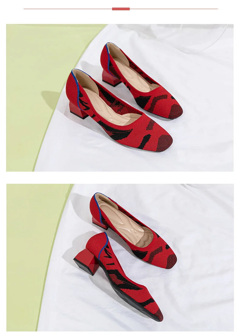 Large high-heeled shoes 42/43/41 women's shoes knitted fashionable breathable non-slip beautiful color matching spring and autum - Clikcy