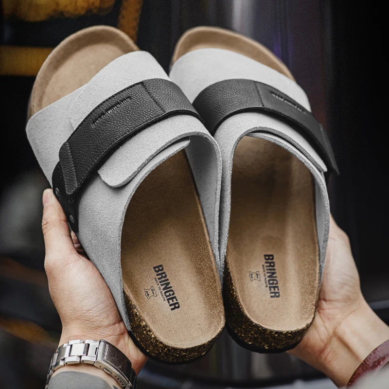 Maden New Casual Color-Block Mules Men's Summer Cork Sole Slide-On Sandals with Hook and Loop Closure Breathable Outdoor Shoes - Clikcy