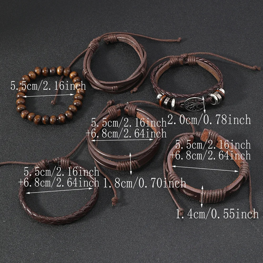 Red 6 Pc/set Tree Black Wrap Woven Handmade Wood Beads Bracelets Male Women Leather Bracelets Men Bangle Wholesale Jewelry Gift - Clikcy