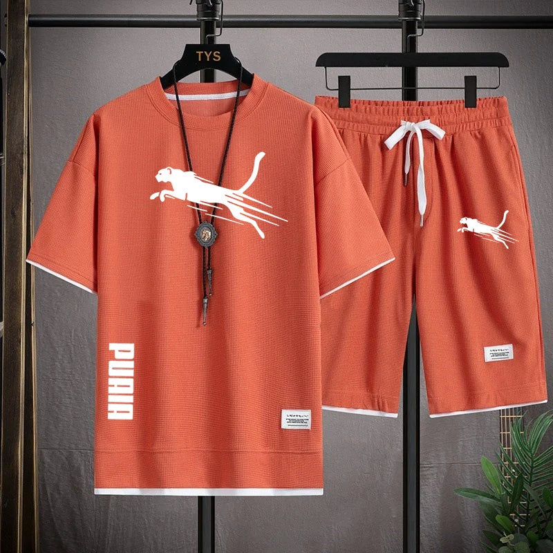 summer new men's sportswear fitness set running suit casual T-shirt+shorts set breathable jogging sportswear 2-piece set for men - Clikcy