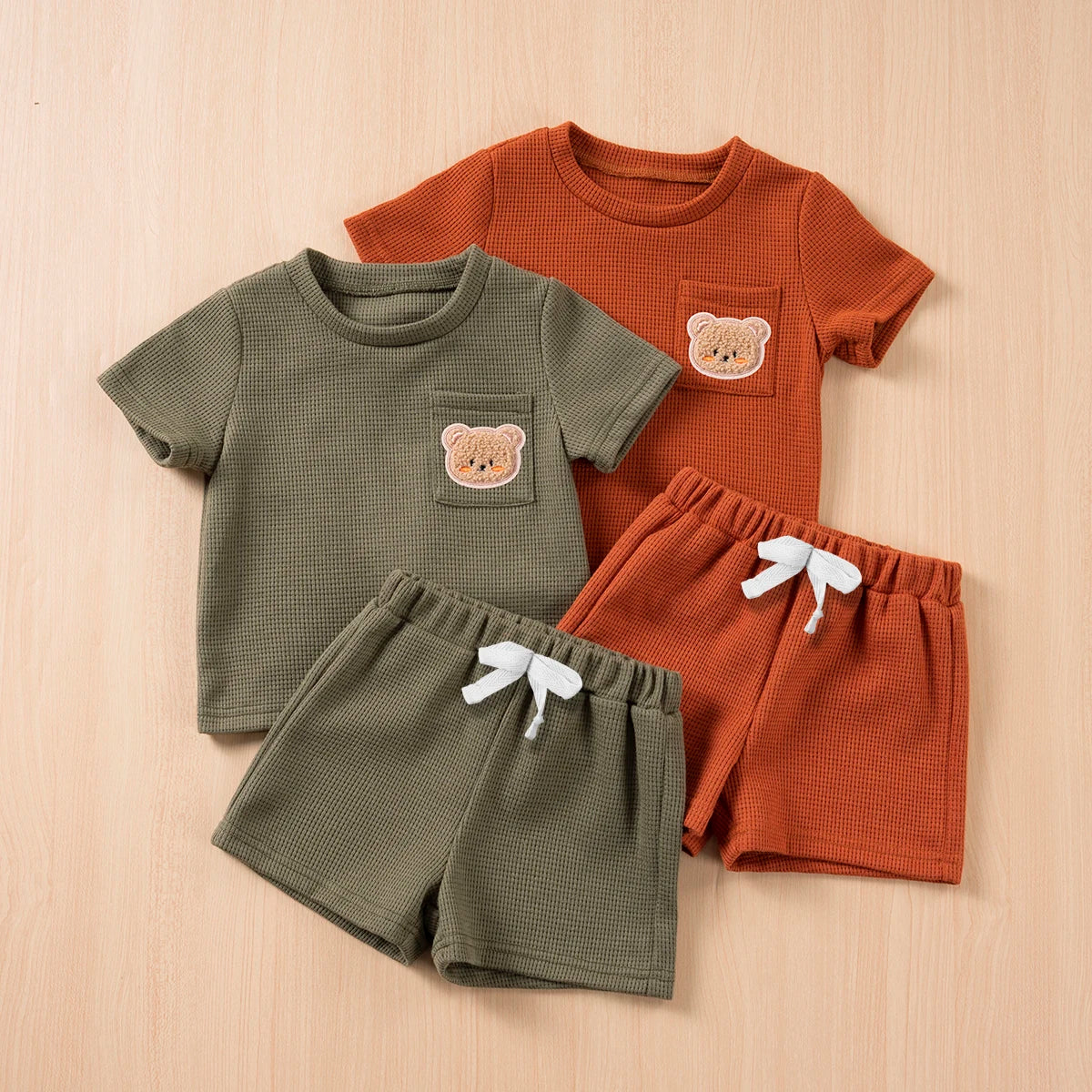 Kids Suit Summer Boys Girls Solid Colour Suit 0-6Y Cute Bear Short Sleeve + Breathable Shorts 2pcs Comfortable and Skin-friendly - Clikcy