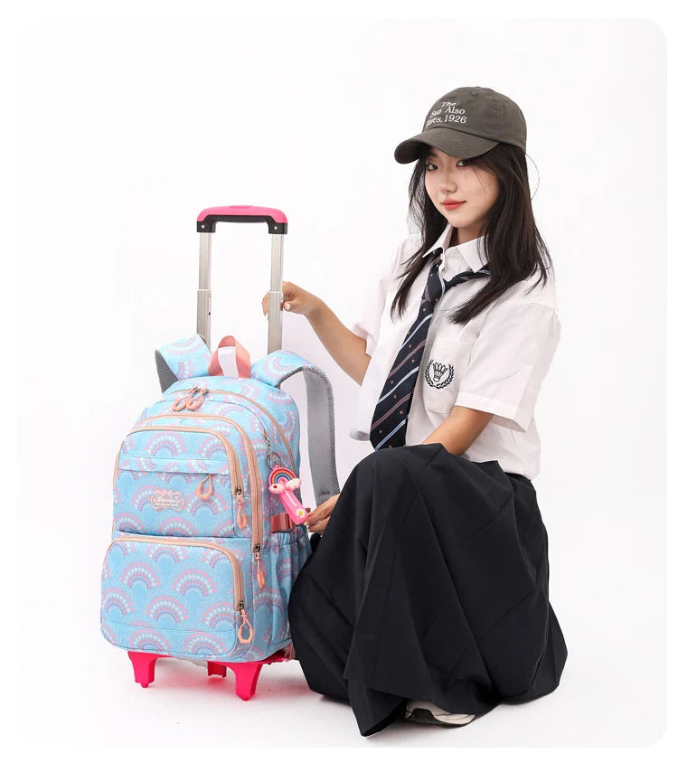 Rolling School Bags for Girls Backpack Children Waterproof School Backpacks with Wheels Middle School Trolley Luggage Back Pack - Clikcy
