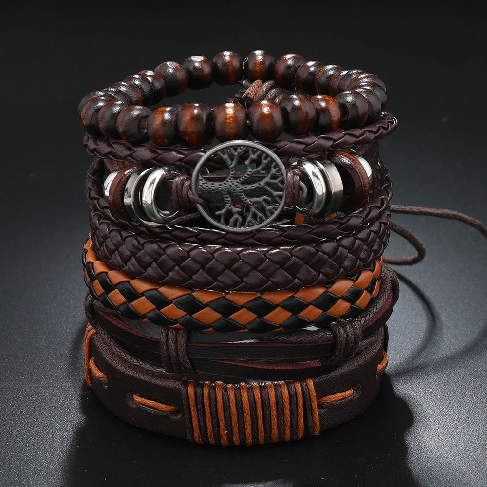 Red 6 Pc/set Tree Black Wrap Woven Handmade Wood Beads Bracelets Male Women Leather Bracelets Men Bangle Wholesale Jewelry Gift - Clikcy
