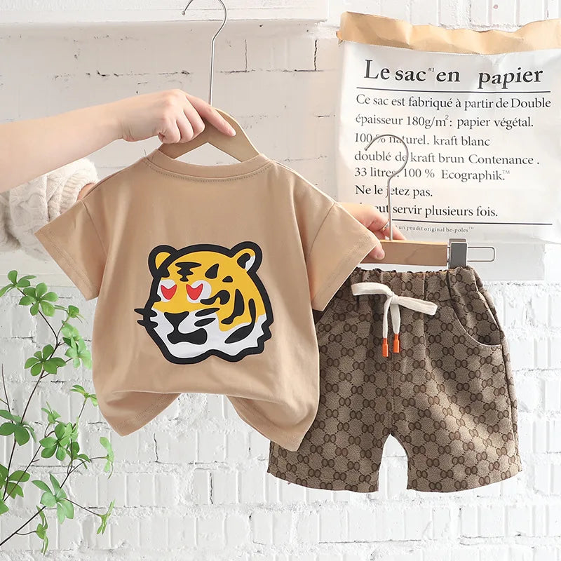 1 2 3 4 5 Years Summer Boys Clothing Set Tiger Pattern T-shirt + Grid Design Shorts 2Pcs Suit For Kids Casual Children Outfit - Clikcy