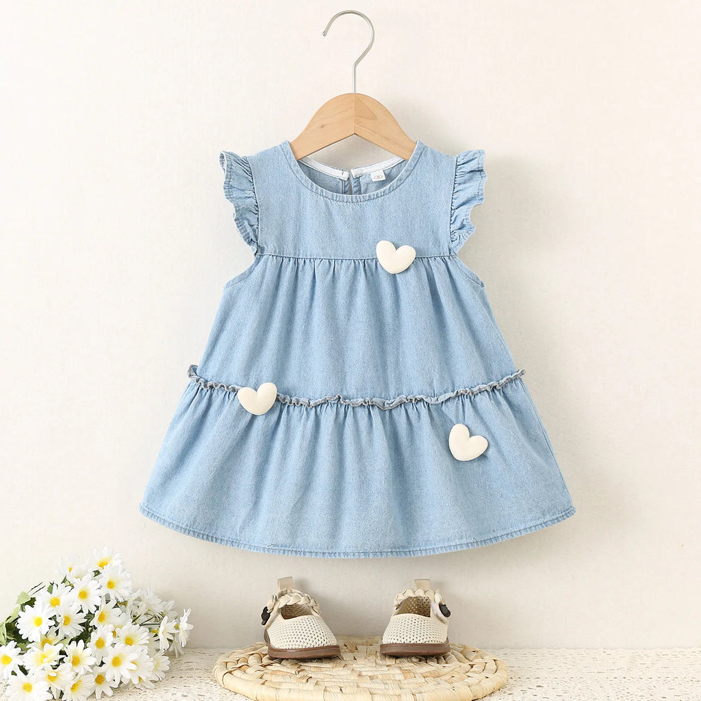2025 Baby Girls Summer Dress Denim Children Tulip Love Bow Casual Clothes Cotton Soft and Comfort for Kids 1-4 year - Clikcy