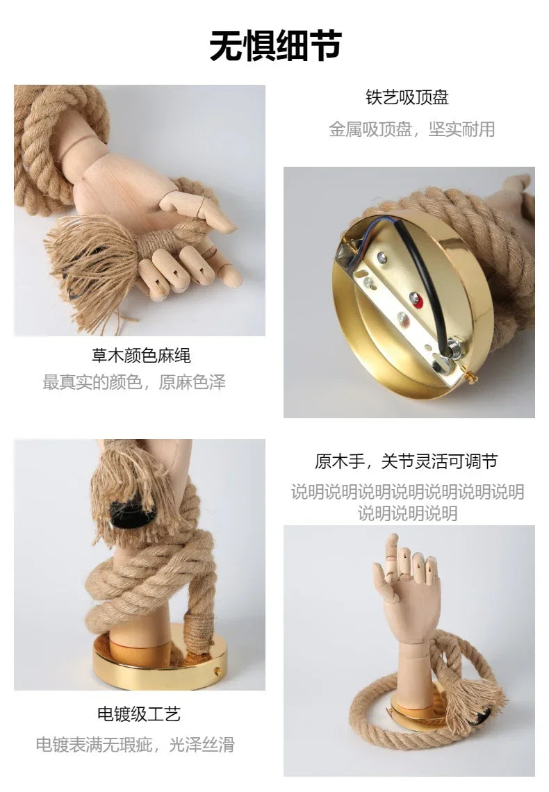 Vintage Decorative Robotic Wall Lamp with Wooden Hemp Rope E27 Lamp Head Suitable for Living Room, Bedroom, Aisle Wall Lamps - Clikcy