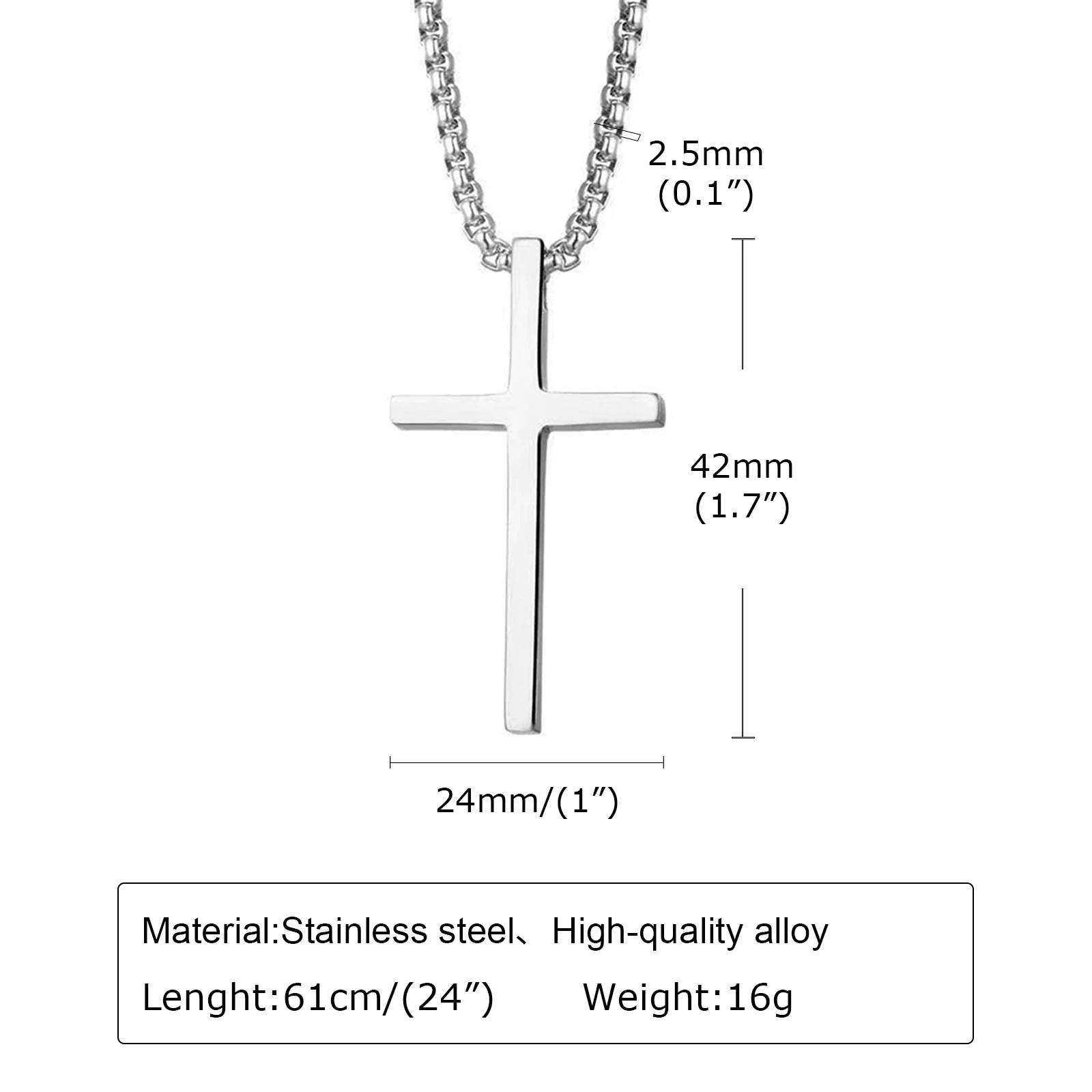 Vnox Cross Necklace for Men Women, Silver Color Plain Cross Pendant Collar with Stainless Steel Box Chain - Clikcy