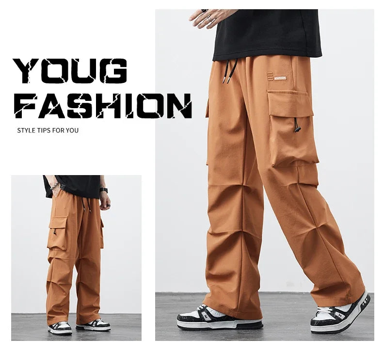 New Plus Size 8XL Men Casual Straight Pants Trousers Ice Silk Fashion Hip Hop Sweatpants Outdoor Stand Pocket Cargo Pants Y2K - Clikcy