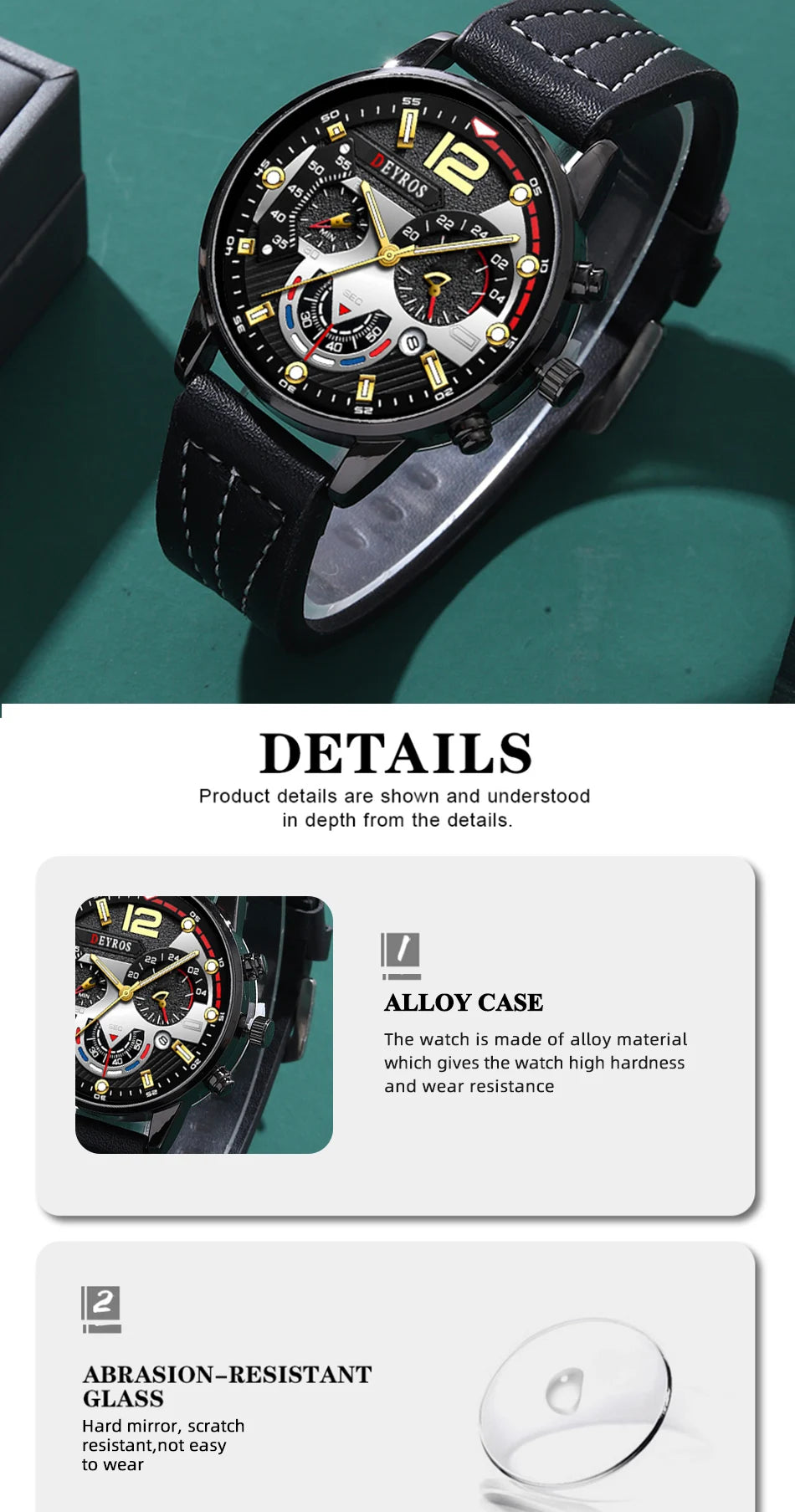 3PCS Set Fashion Mens Watches Luxury Black Leather Quartz Wristwatch Calendar Date Men Business Casual Watch Bracelet Necklace - Clikcy