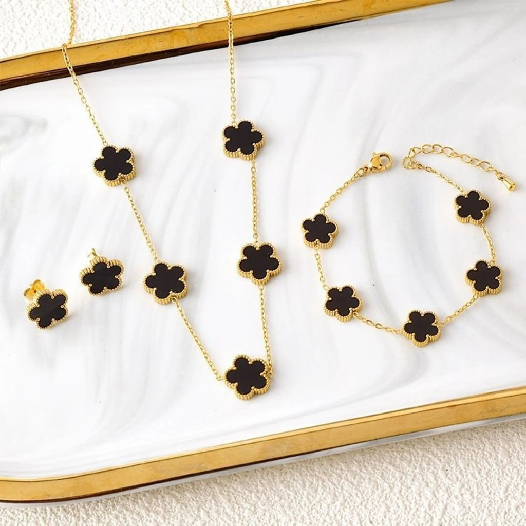 3Pcs 18k Gold-Plated Five-Leaf Flower Necklace Earrings Bracelet Jewelry Set For Woman Fashion Party Jewelry Daily Wear Clover - Clikcy