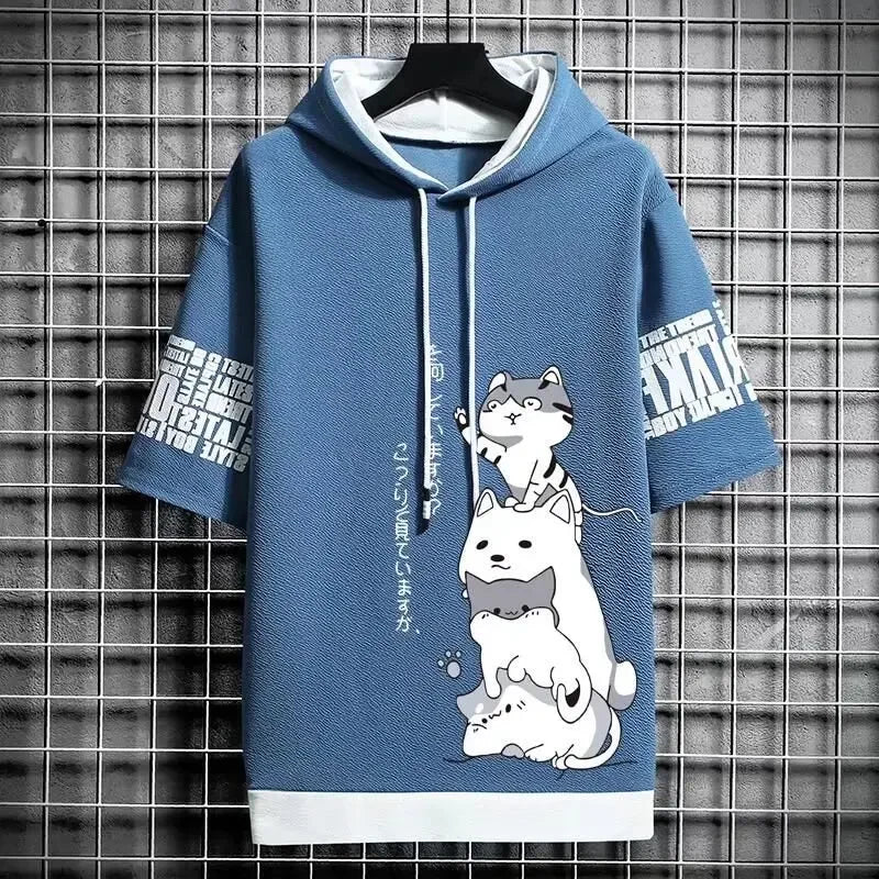 Summer T shirt Men's Hoodies Men Clothing Casual Harajuku Streetwear Print Hooded Top Short Sleeve Sweatshirts Men - Clikcy