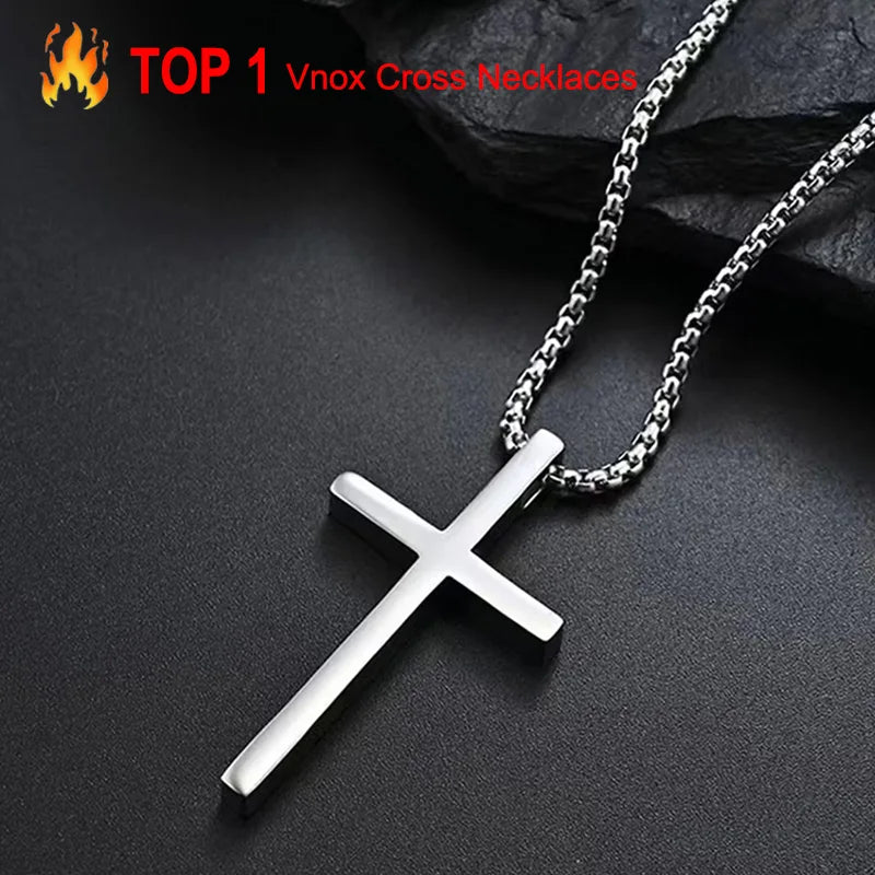 Vnox Cross Necklace for Men Women, Silver Color Plain Cross Pendant Collar with Stainless Steel Box Chain - Clikcy
