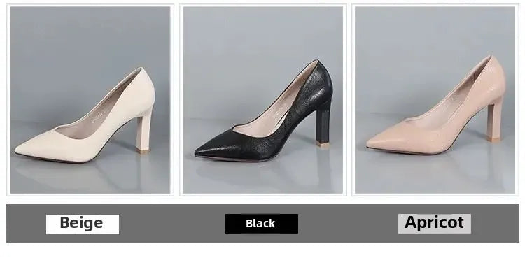 Women's Fashion High Heels 2025 New Style Versatile Thick Heel Pointed Toe Low Cut Shoes Comfortable PU Leather Casual Shoes - Clikcy