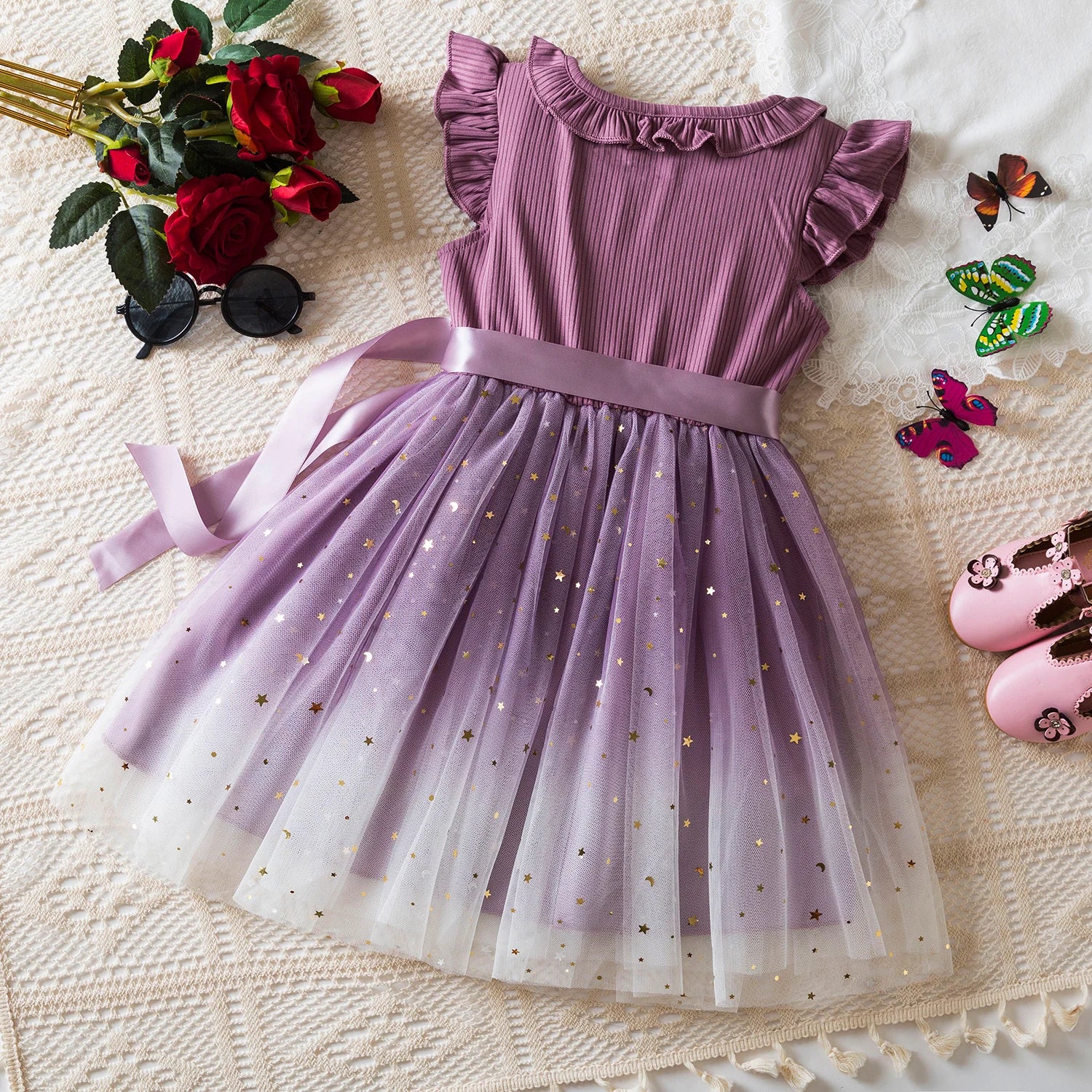 New Children's Dress for 3-8 Yrs Summer Dress Lotus Leaf Edge Design Bow Lace Up Star Sequin Sweet  Tulle Kids Dresses for Girls - Clikcy