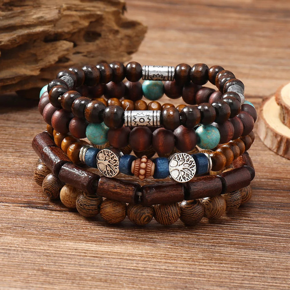 Cross Life Tree 5Pcs/set Vintage Bronze Ethnic Casual Wood Beads Feather Charm Leather Women Bracelets Men Male Jewelry - Clikcy