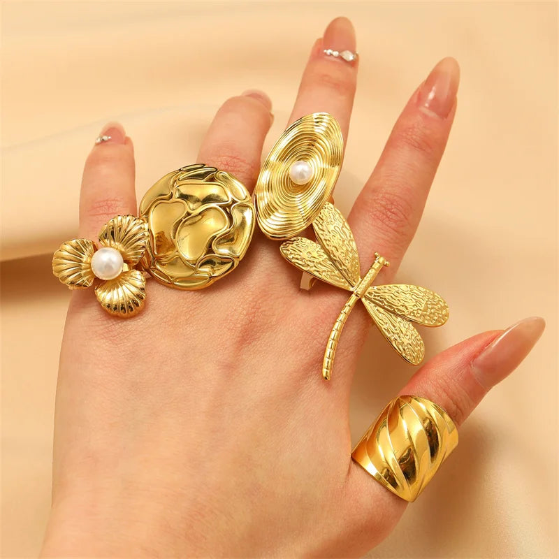 EILIECK  316L Stainless Steel New Design Dragonfly Ring Jewelry Women 18 K Plated Metal Texture Gold Color Ring Accessories - Clikcy