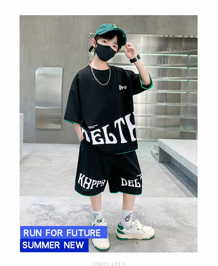 Children Summer Clothing Set For Boys Letter Print Sport Suit Kids Teenager Cotton Outfits Casual Short Sleeve Tracksuit Costume - Clikcy