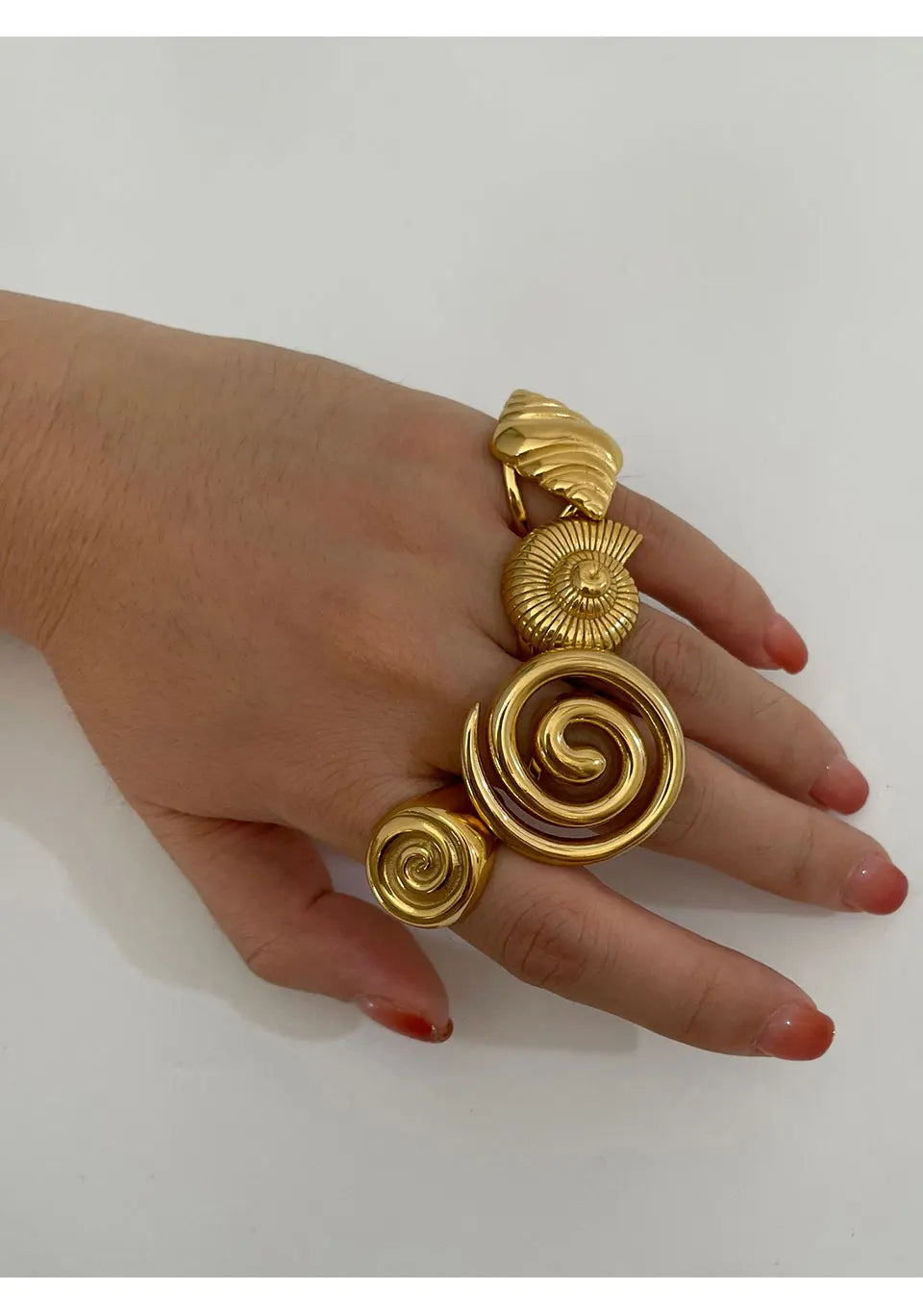 Peri'sbox Stainless Steel Conch Croissant Glossy Spiral Hollow Chunky Open Rings for Women Summer Beach Fashion Holiday Jewelry - Clikcy