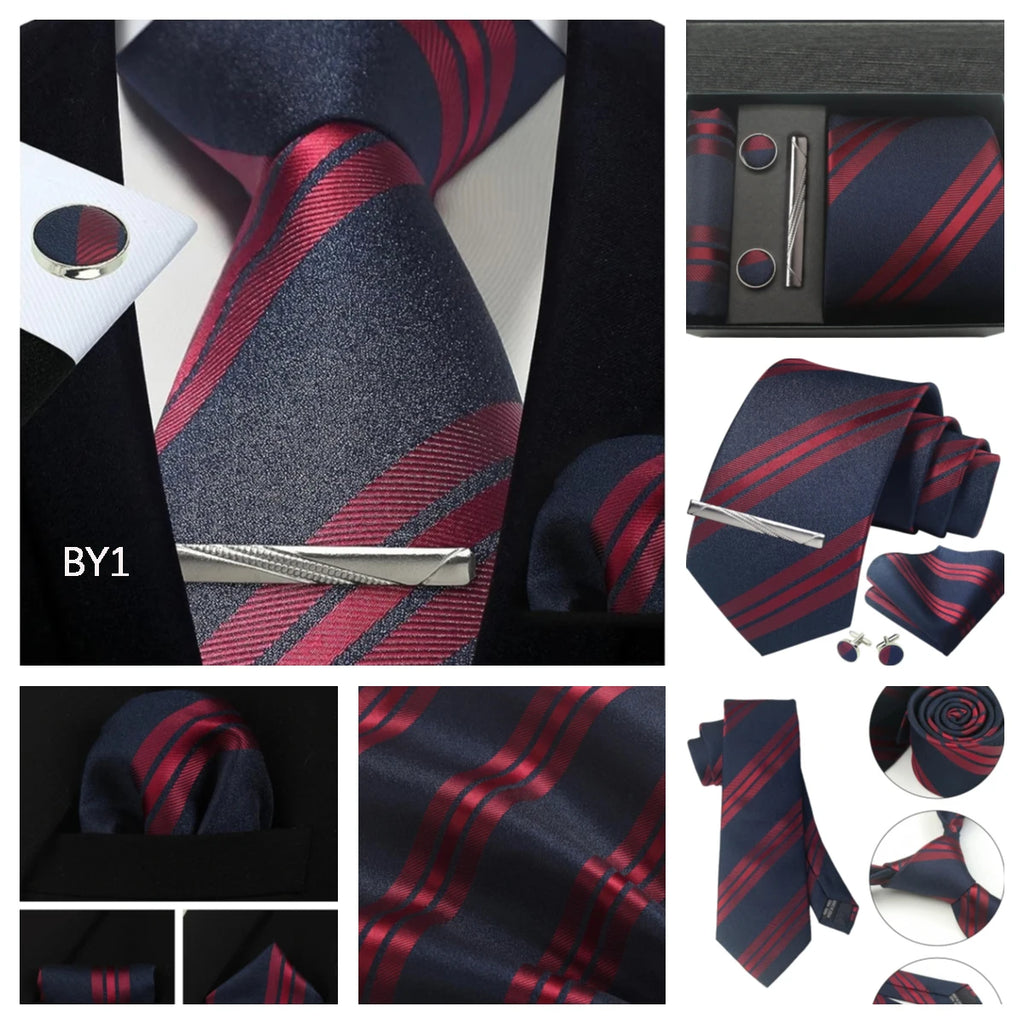 Classic 100% Silk Men's Ties In Gift box 8cm Plaid Dot Striped Business Necktie Handkerchief Cufflinks Wedding Party Tie Set