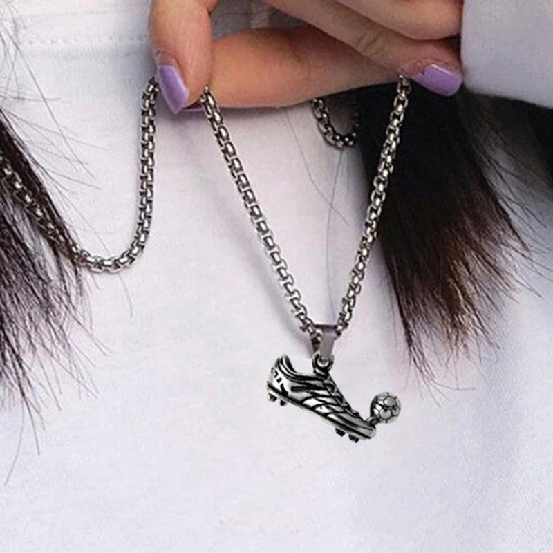 Football Shoe Pendant Necklace Boys Vintage Silver Color Hip Hop Punk Sports Style Stainless Steel Chain Fashion Man Jewelry - Clikcy