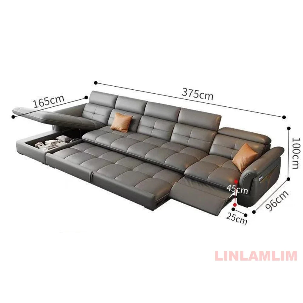 Modern Electric Recliner Sofa Bed with Adjustable Backrest, L-Shaped Multifunctional Italian Genuine Leather Sectional Couch