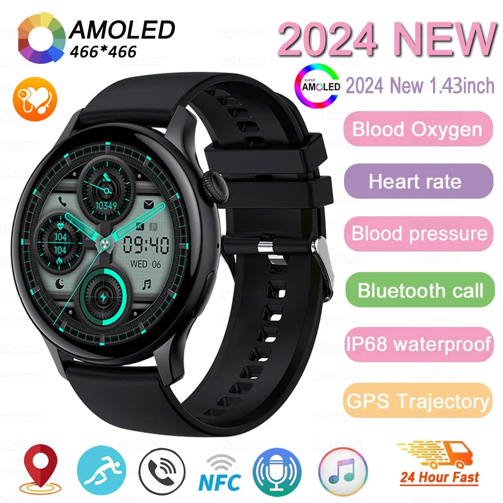 2024 New GPS Smart Watch Women True AMOLED 466*466 HD Screen Health Tracker Sports NFC Voice Bluetooth Call Smartwatches Ladies