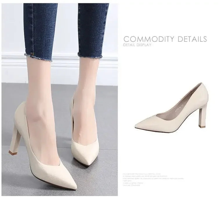 Women's Fashion High Heels 2025 New Style Versatile Thick Heel Pointed Toe Low Cut Shoes Comfortable PU Leather Casual Shoes - Clikcy