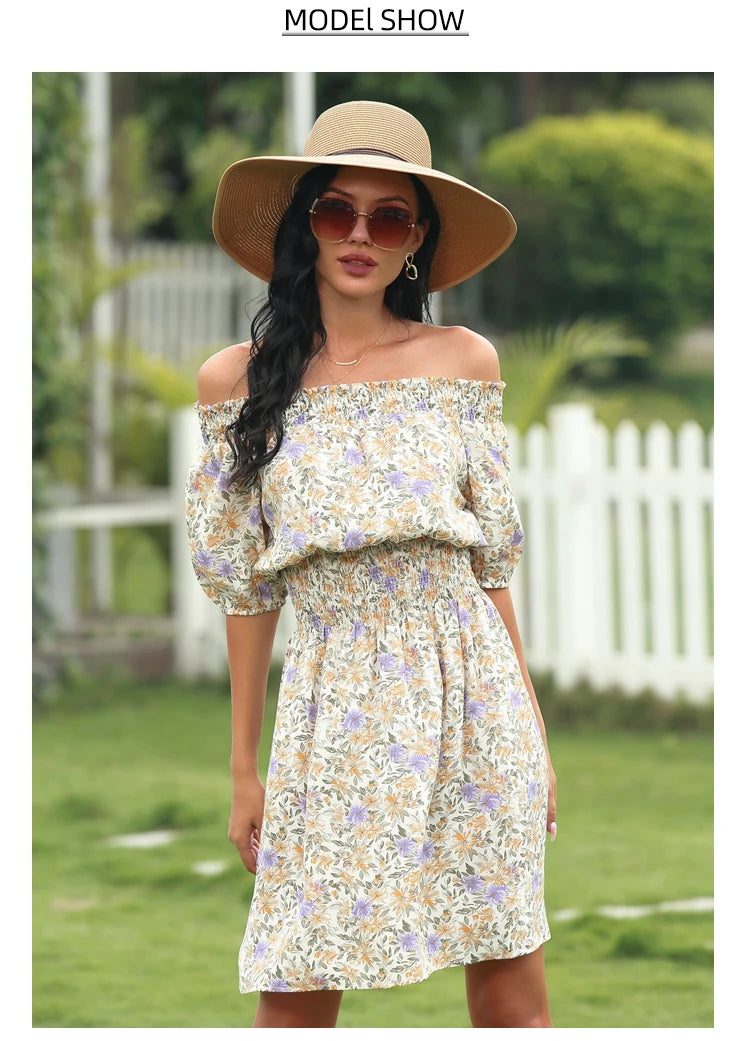 2025 Spring and Summer New Women's Random Printed Pullover Dress One Collar Midi Dress Beach Seaside Holiday - Clikcy