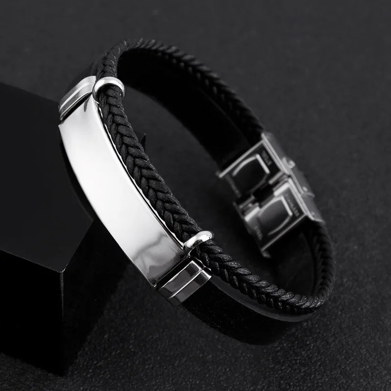 Homme Stainless Steel Bracelet Double Layer Twist Braid Leather Rope Bracelets For Men Hiphop Rock Fashion Jewelry Accessories - Clikcy