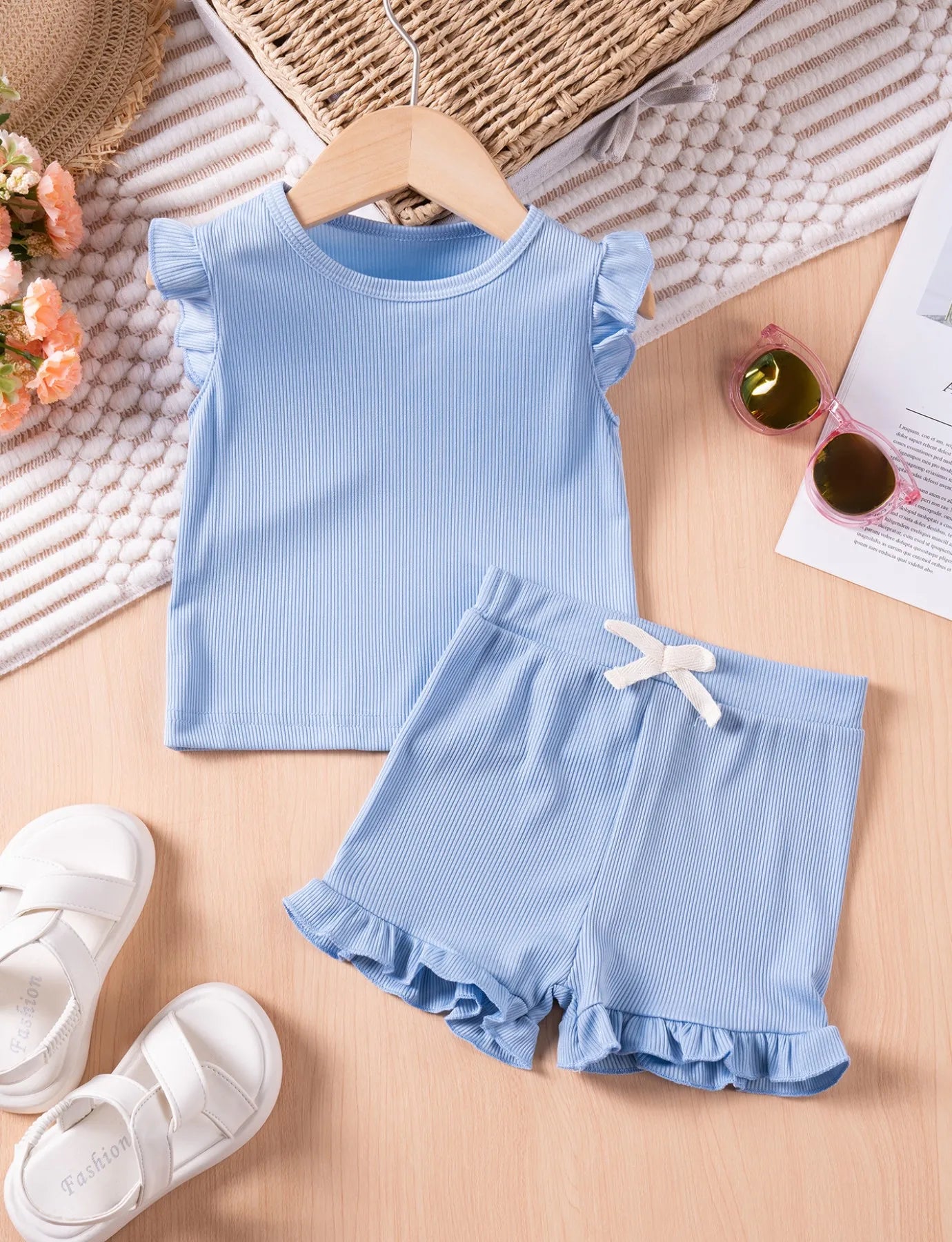 Summer Toddler Girl Ruffle Sleeve 2pcs Set Sleeveless T-shrits Top and Shorts Outfit for Kids Girls Solid Suit Clothing - Clikcy