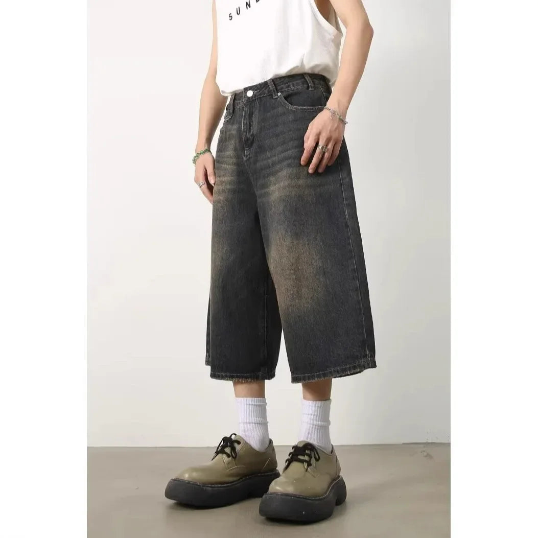 Summer Men's Casual Vintage American Blue Jeans Short Pants Loose Straight Wide Leg Seven Parts Draping Feeling - Clikcy