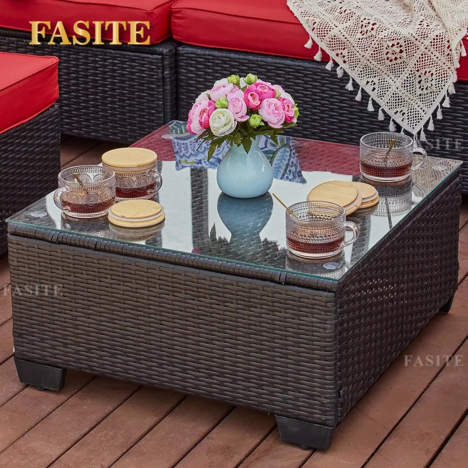 7 Pieces Outdoor Patio Furniture Sets, PE Rattan Wicker Patio Conversation Set with Tea Table - Clikcy