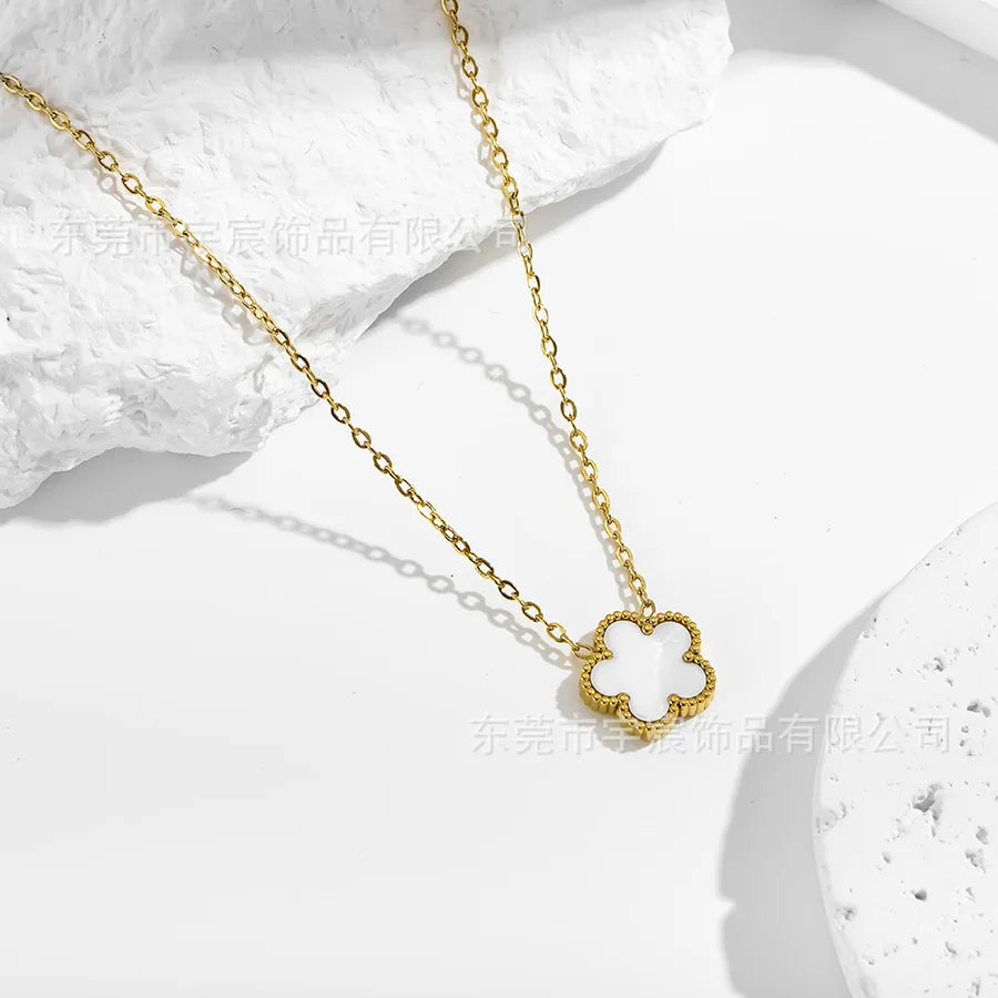 Black Lucky Five Petal Four Leaf Flower Stainless Steel Necklace Gold Plated Clover Jewelry Women Party Wedding Accessories - Clikcy