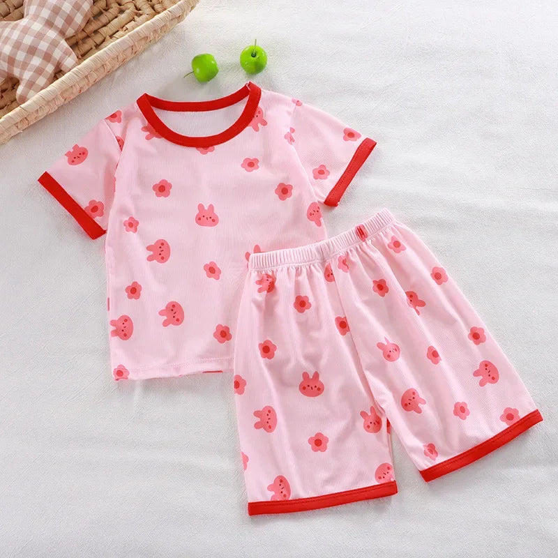2024 New Boys Girls Summer Thin Clothing Sets Kids Cute Cartoon Print Short Sleeve T-Shirt Tops with Shorts Toddler Baby Pajamas - Clikcy