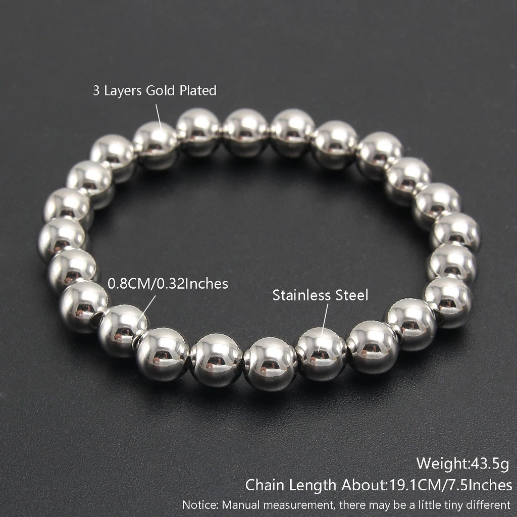 MHS.SUN Trend Stretch Stainless Steel Bracelets Gold Sliver Color 2MM 5MM 8MM Stacked Ball Beaded Bracelet For Women Men Jewelry