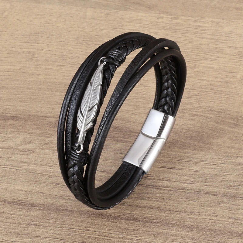 Multilayer Feather Leather Wrap Bracelet Men Classic High Quality Jewelry Gift Male Business Bracelet with Metal Magnetic Clasp - Clikcy