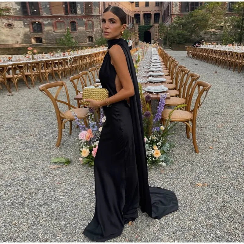 Sexy Satin Ribbon Party Dress Women Elegant Halter Backless Off Shoulder Sleeveless Female Dresses 2024 Summer Solid Robe Gown