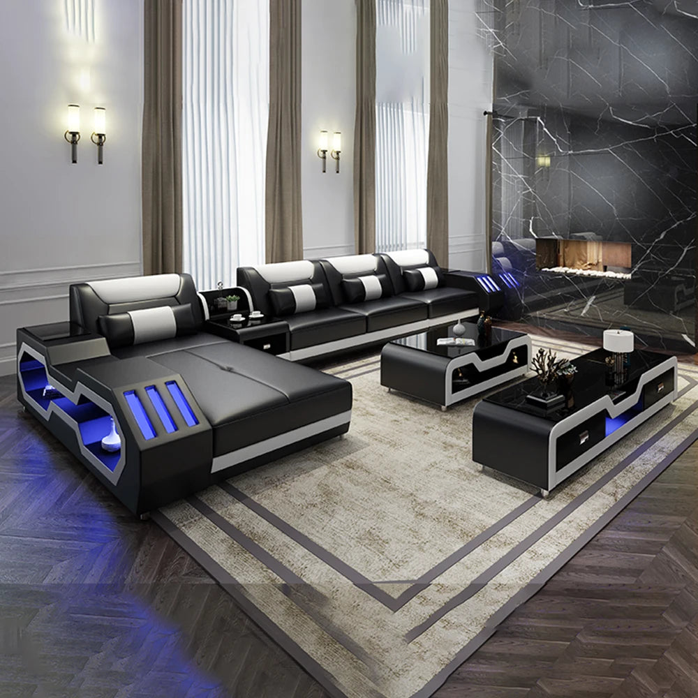 Modern LED Lighted Sofa Set with Recliner, Adjustable Headrest & Console | Luxury Leather Sectional Couch | Futuristic Furniture - Clikcy