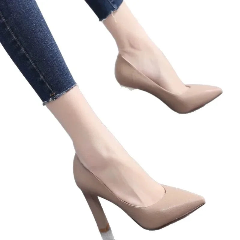 Women's Fashion High Heels 2025 New Style Versatile Thick Heel Pointed Toe Low Cut Shoes Comfortable PU Leather Casual Shoes - Clikcy