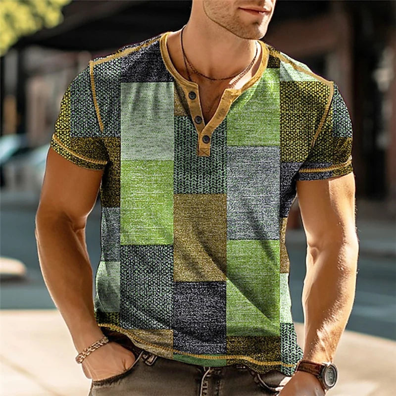 3D Print Patchwork Color Block Vintage Henley Shirts Men's Fashion Oversized Button-Up Short Sleeve T-Shirts Tops Clothes - Clikcy